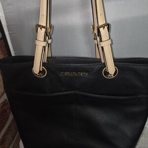 Michael Kors Black Pebbled Leather Tote with Cream Straps